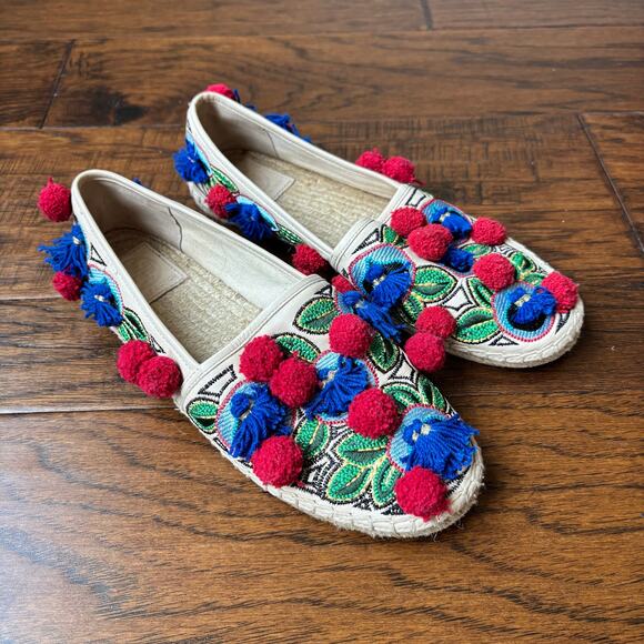 Tory Burch Shoes - Tory Burch Ellis Pom-pom Embroidered Leather Textile Espadrille Flats Size 8